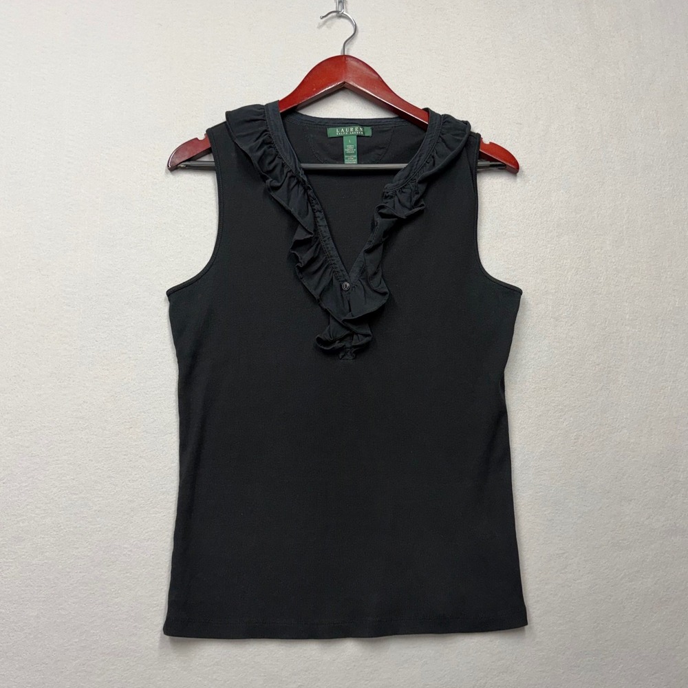 Lauren Ralph Lauren Ruffle Neck Top Women L Black Ribbed Sleeveless V-Neck